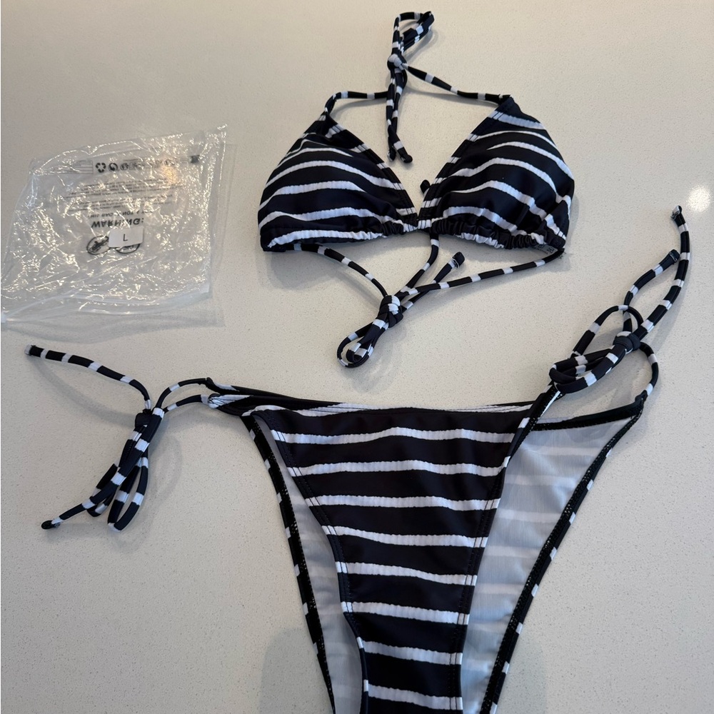 Black & White Striped Tie-Side Bikini